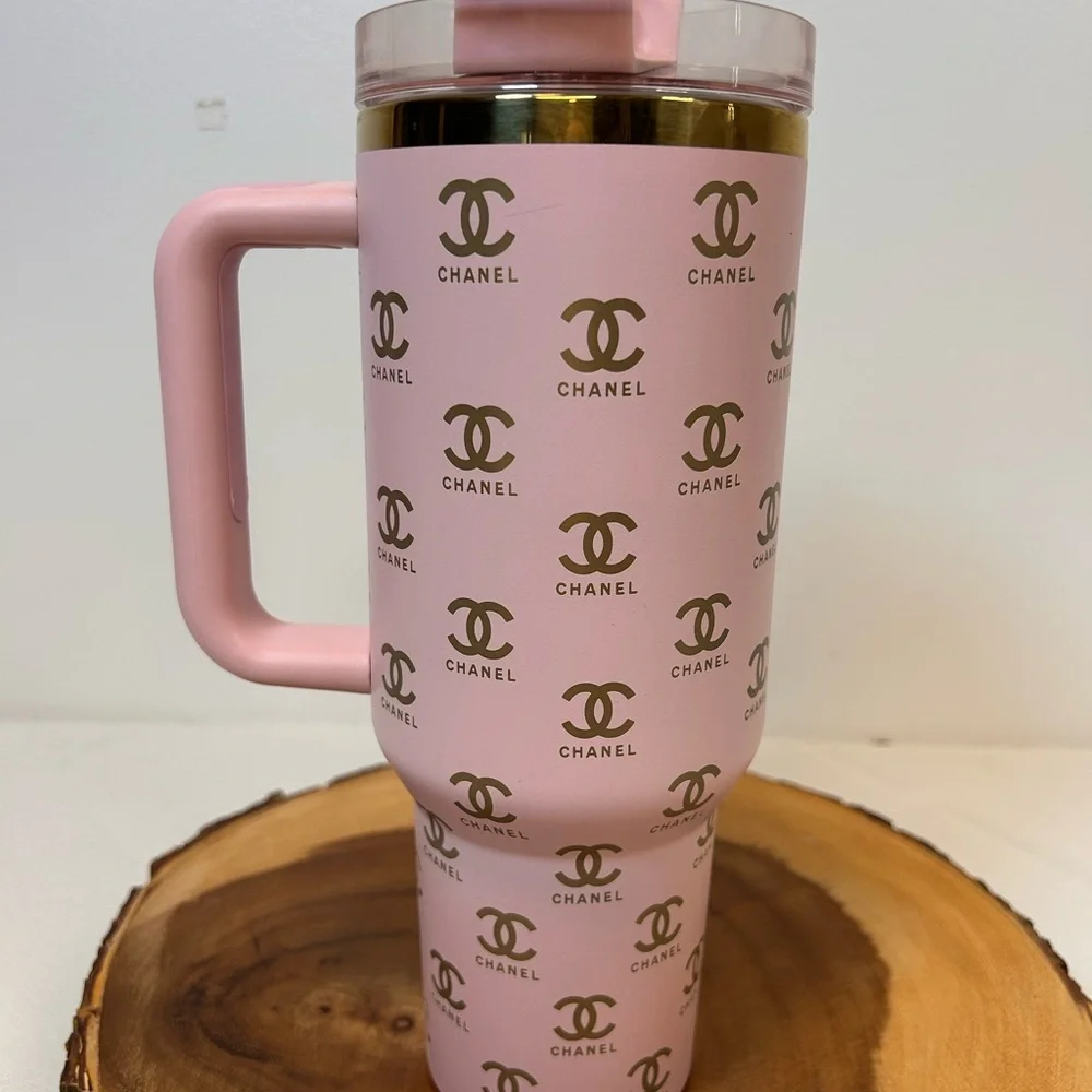 Designer Stanley Quencher 40oz Pink Tumbler With Logos includes Lid and Straw - Picture 3 of 5
